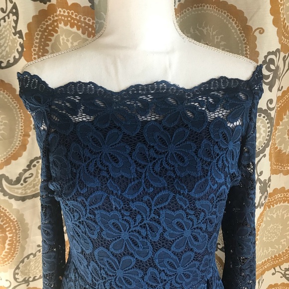 Navy long sleeve lace, off the shoulder dress - Picture 3 of 5